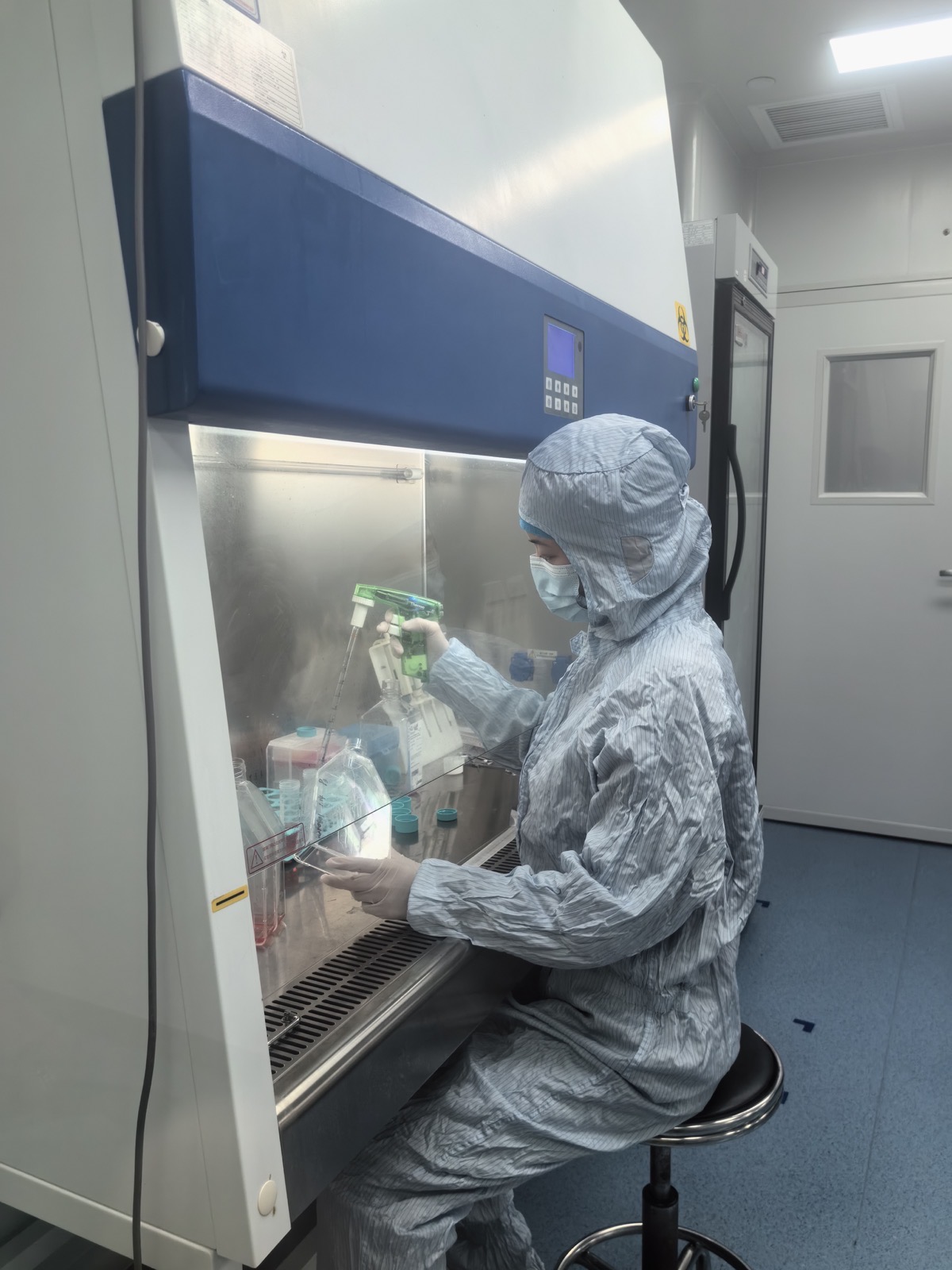 Cleanroom technician working in a biosafety cabinet